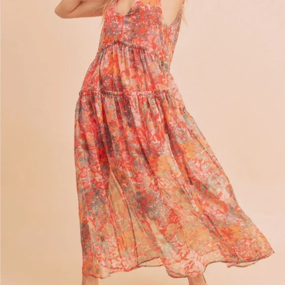 ❤️ AEMI AND CO “ Crimson” AEMI & CO. Floral Tiered Maxi Dress with Pockets BR52 - Picture 5 of 9